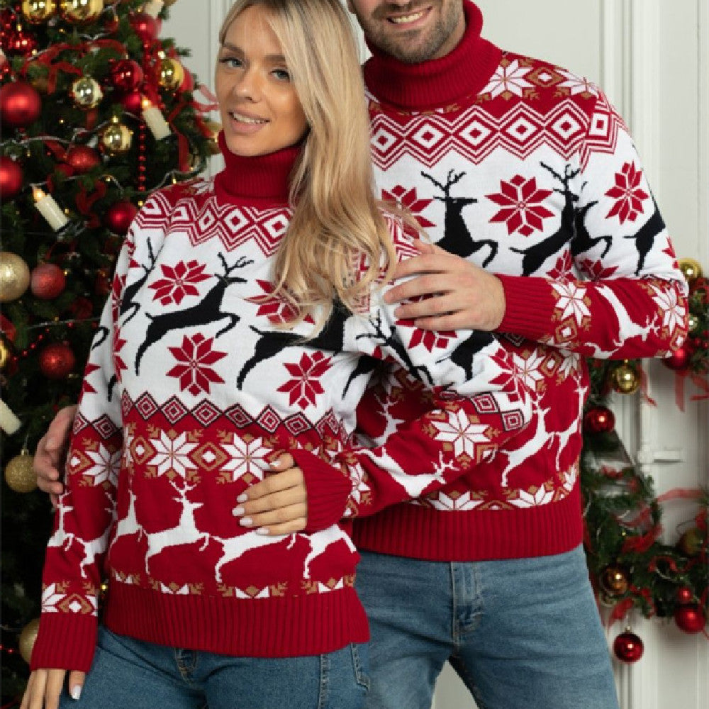 S Men's Clothing Women's Couple Wear Christmas Elk Jacquard Long Sleeve Turtleneck Sweater