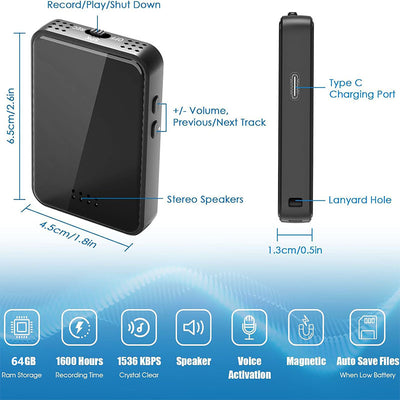 Voice Recorder, Extra-long Standby, Stereo Speaker, Built-in Magnet, Black Mirror