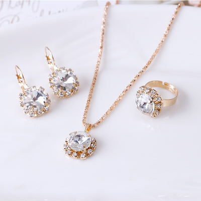 Europe and America fashion round crystal necklace earrings ring set hot jewelry jewelry wholesale jewelry wholesale