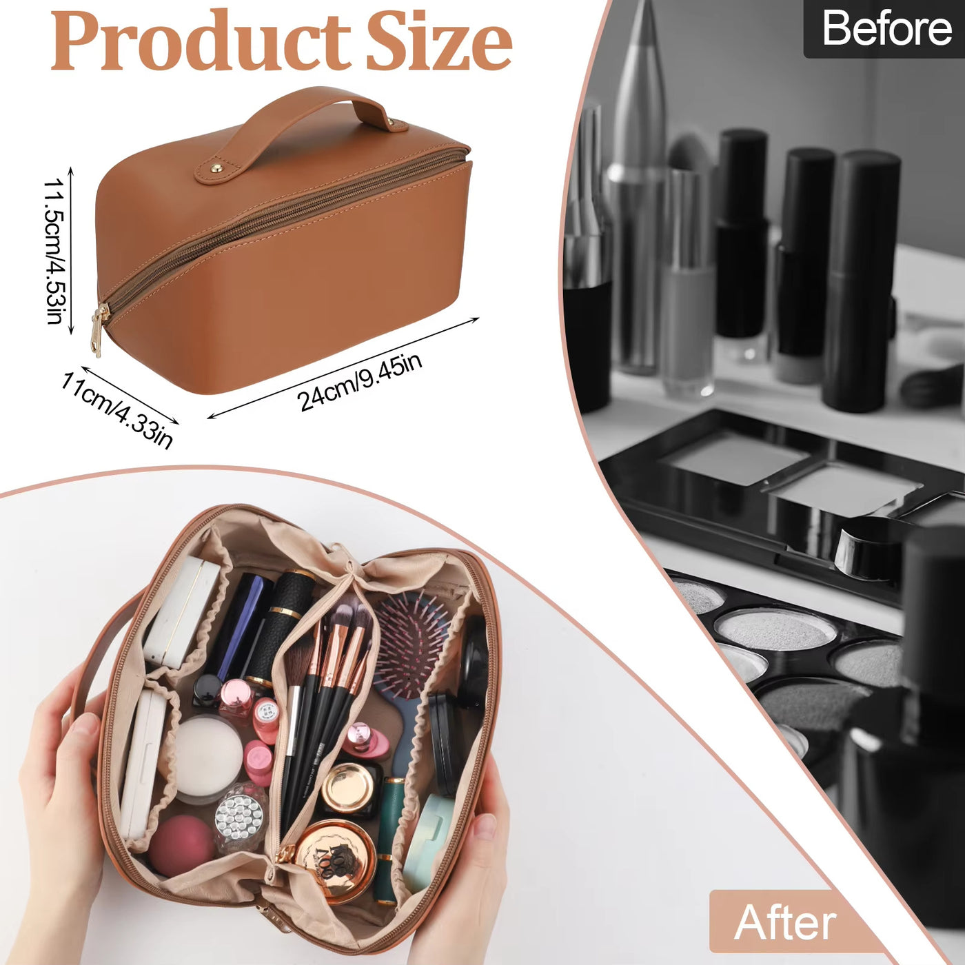 Travel Makeup Bag With Divider And Handle, Portable PU Leather Waterproof Toiletry Bag, Large Capacity Cosmetic Bags For Women